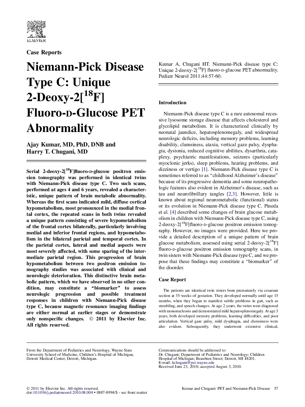 Niemann-Pick Disease Type C: Unique 2-Deoxy-2[18F] Fluoro-d-Glucose PET Abnormality