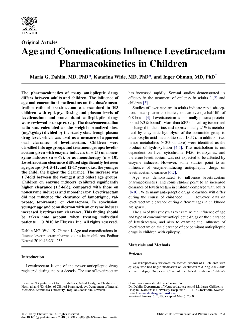 Age and Comedications Influence Levetiracetam Pharmacokinetics in Children