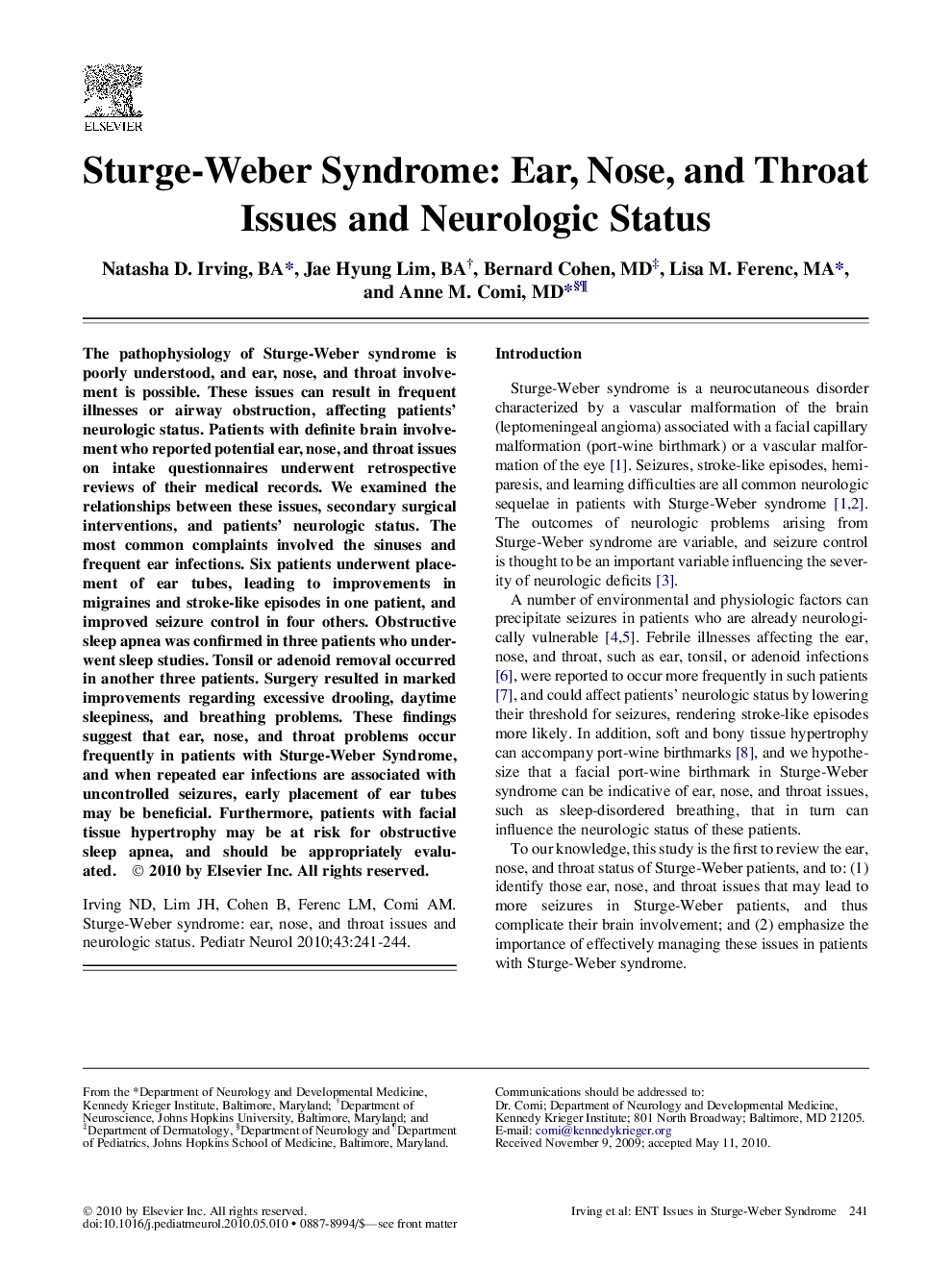 Sturge-Weber Syndrome: Ear, Nose, and Throat Issues and Neurologic Status