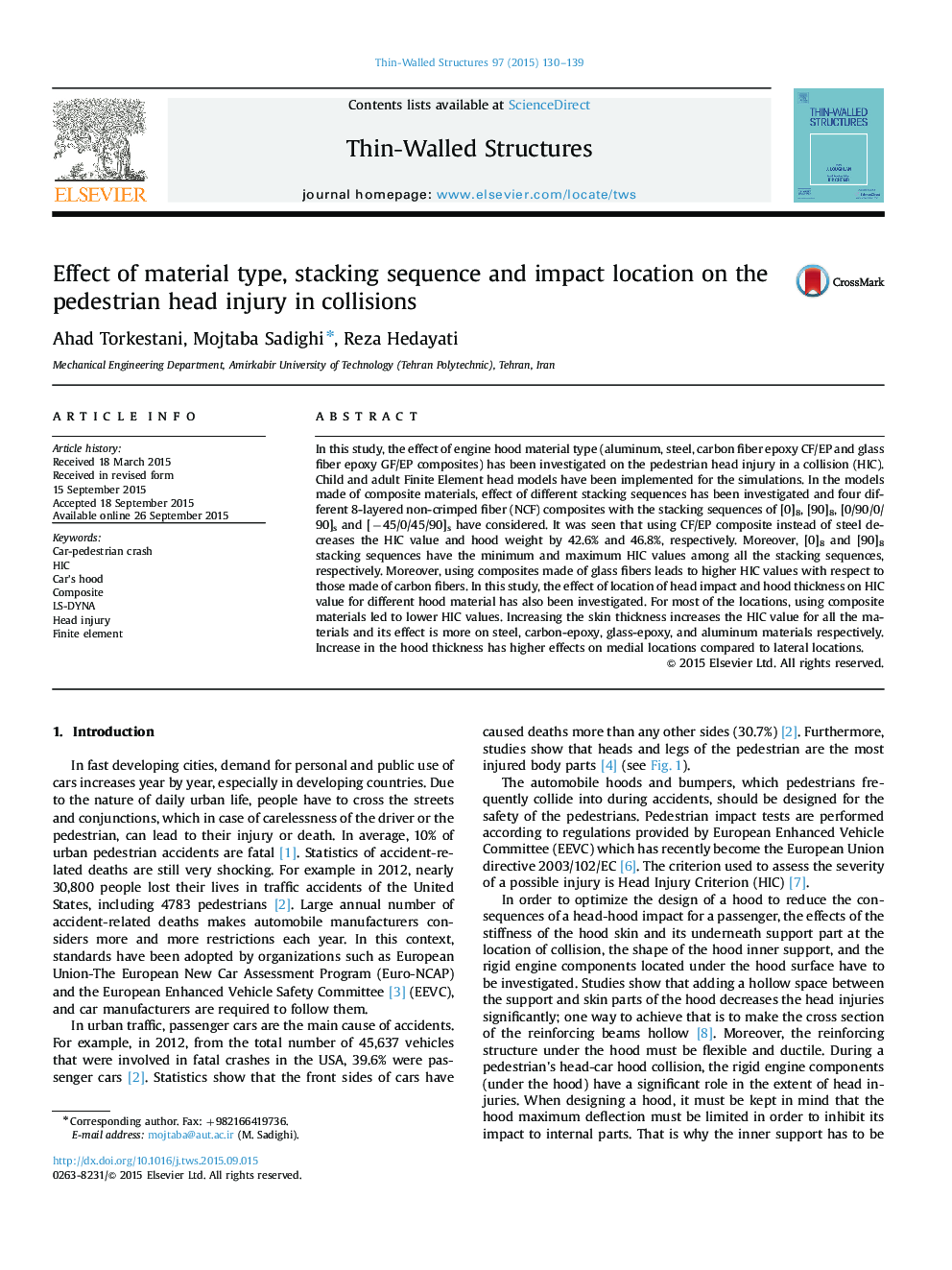 Effect of material type, stacking sequence and impact location on the pedestrian head injury in collisions