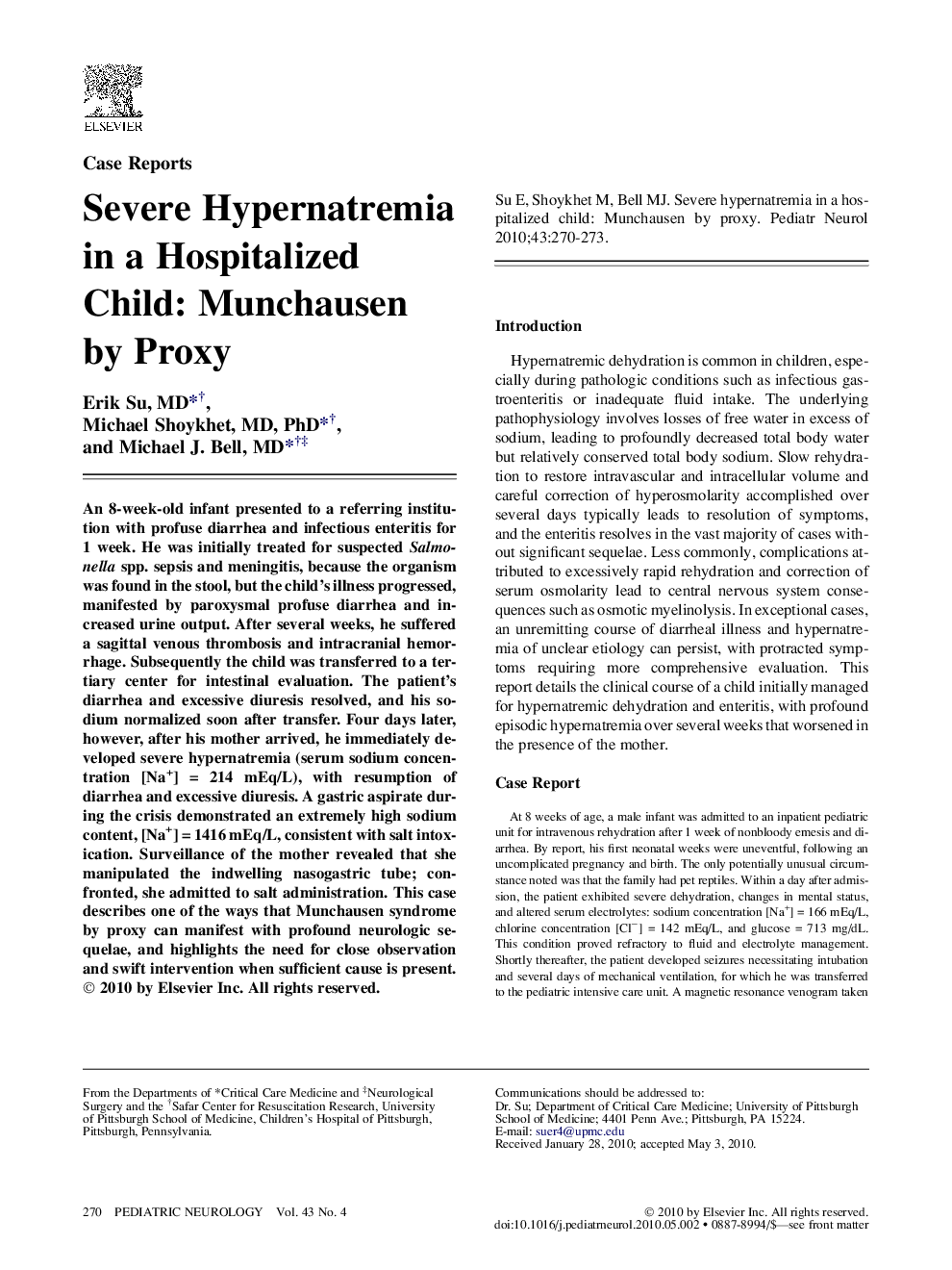 Severe Hypernatremia in a Hospitalized Child: Munchausen by Proxy