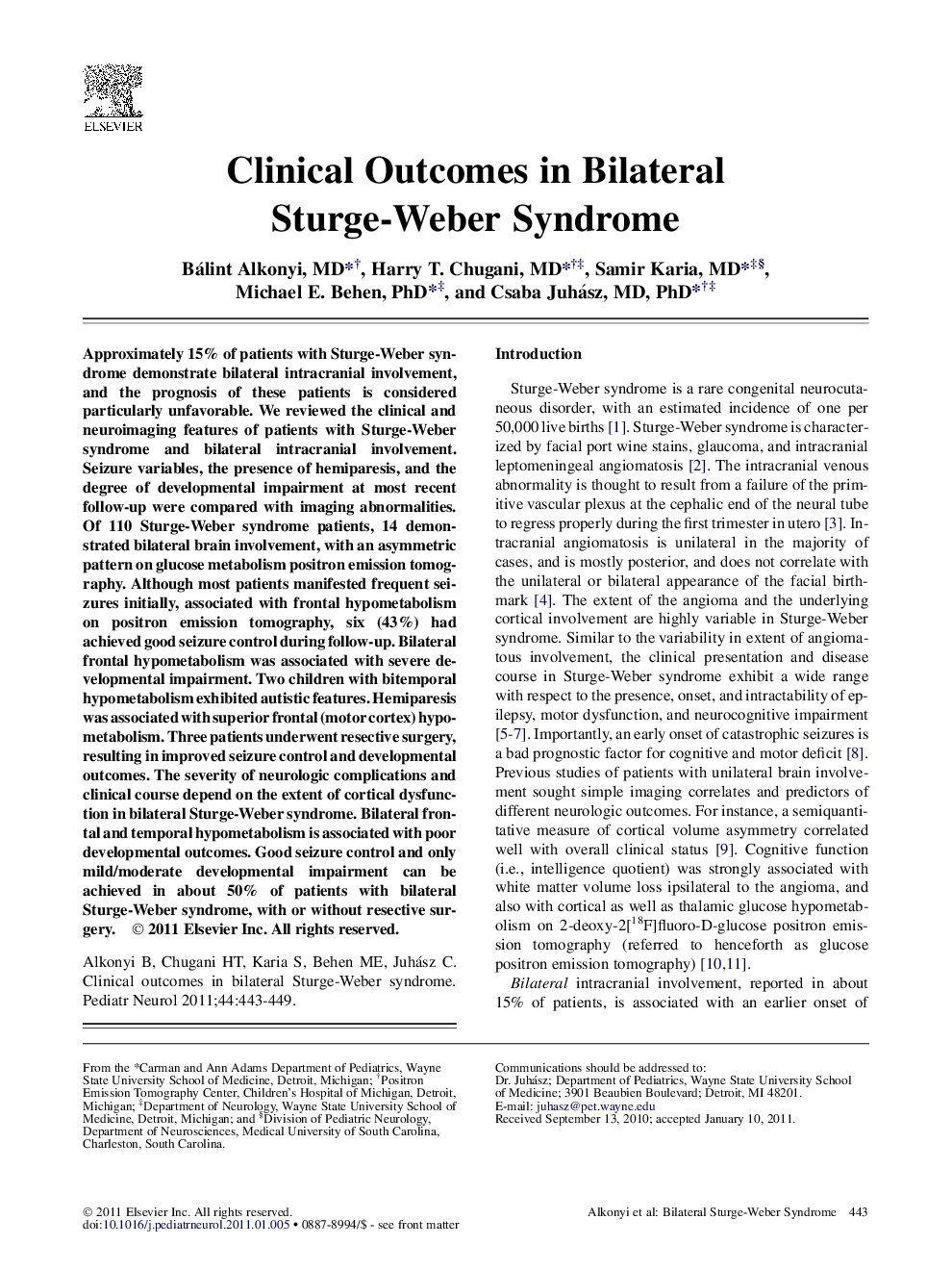 Clinical Outcomes in Bilateral Sturge-Weber Syndrome