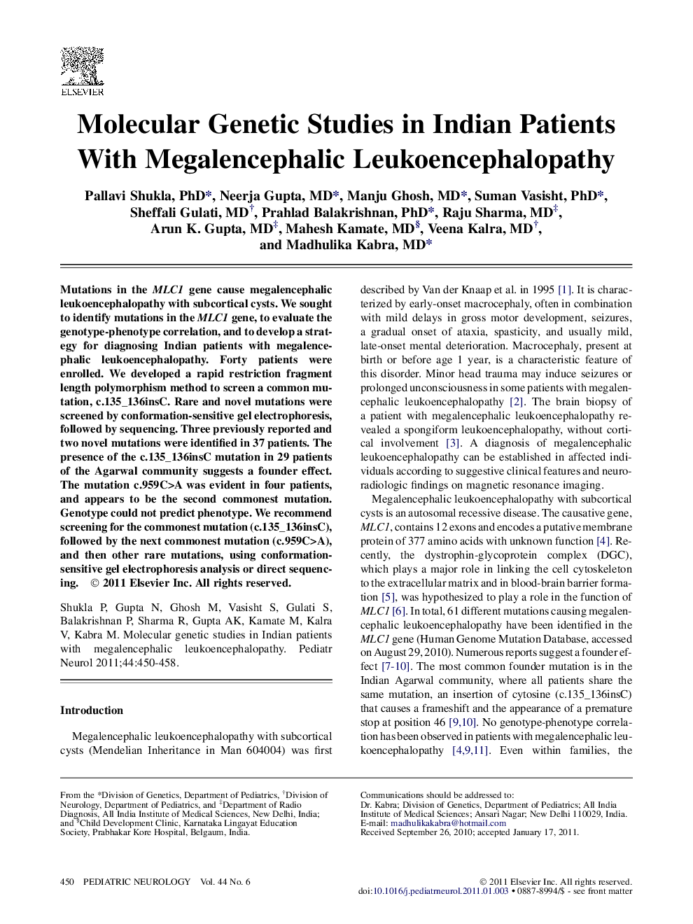 Molecular Genetic Studies in Indian Patients With Megalencephalic Leukoencephalopathy