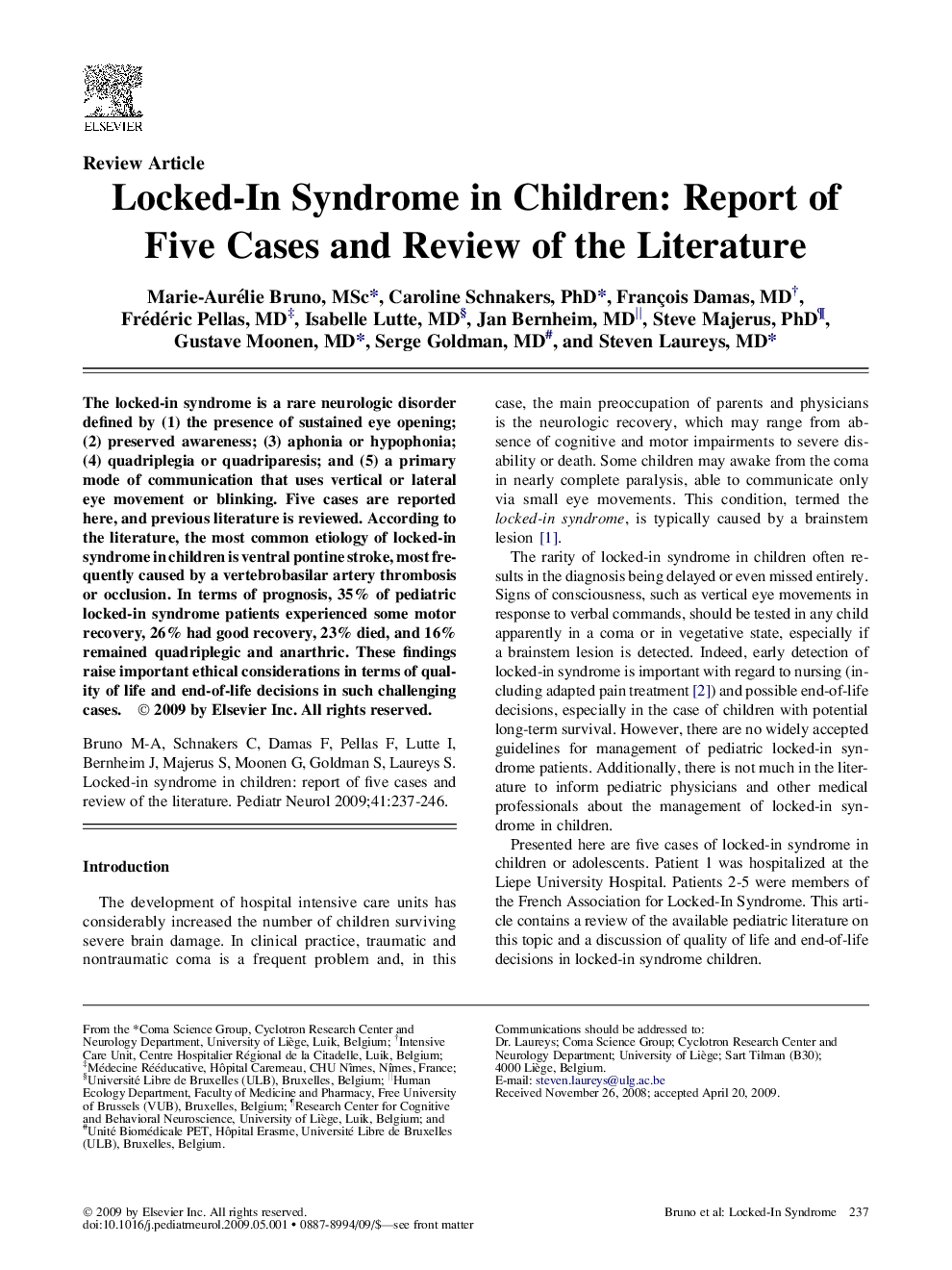 Locked-In Syndrome in Children: Report of Five Cases and Review of the Literature