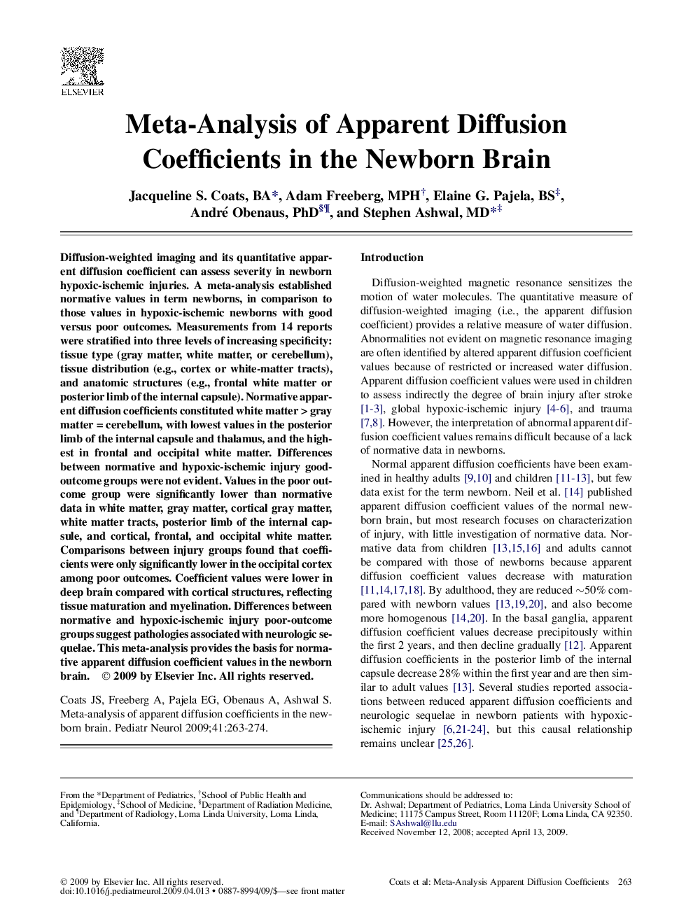 Meta-Analysis of Apparent Diffusion Coefficients in the Newborn Brain