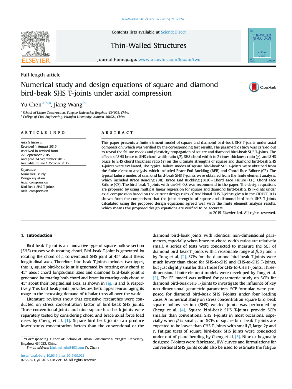 Numerical study and design equations of square and diamond bird-beak SHS T-joints under axial compression