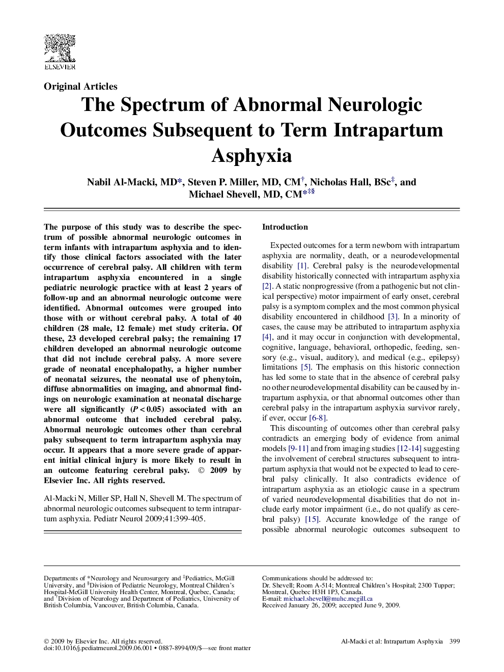The Spectrum of Abnormal Neurologic Outcomes Subsequent to Term Intrapartum Asphyxia