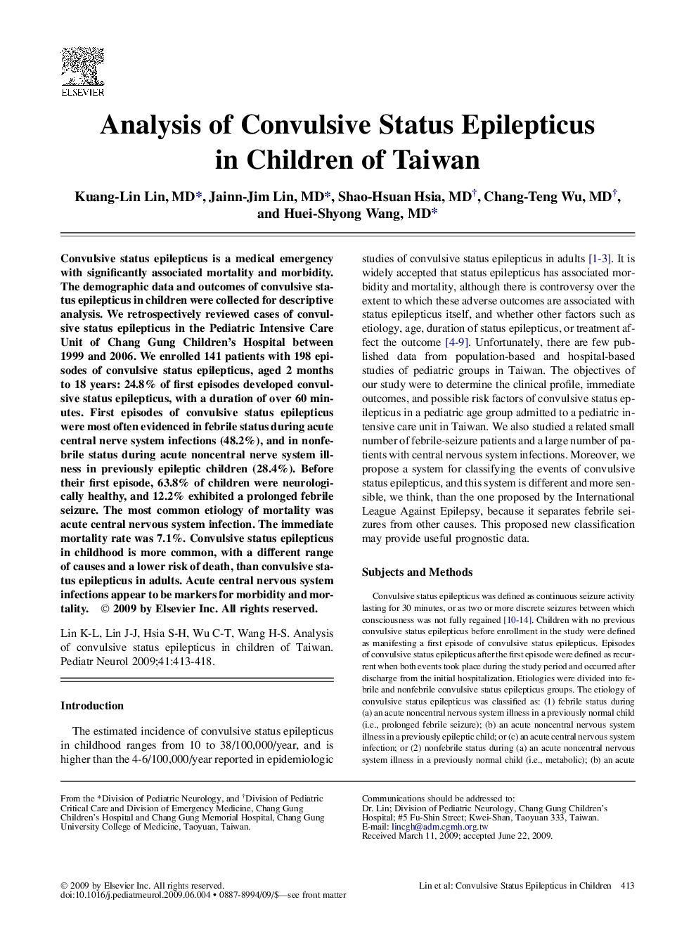 Analysis of Convulsive Status Epilepticus in Children of Taiwan