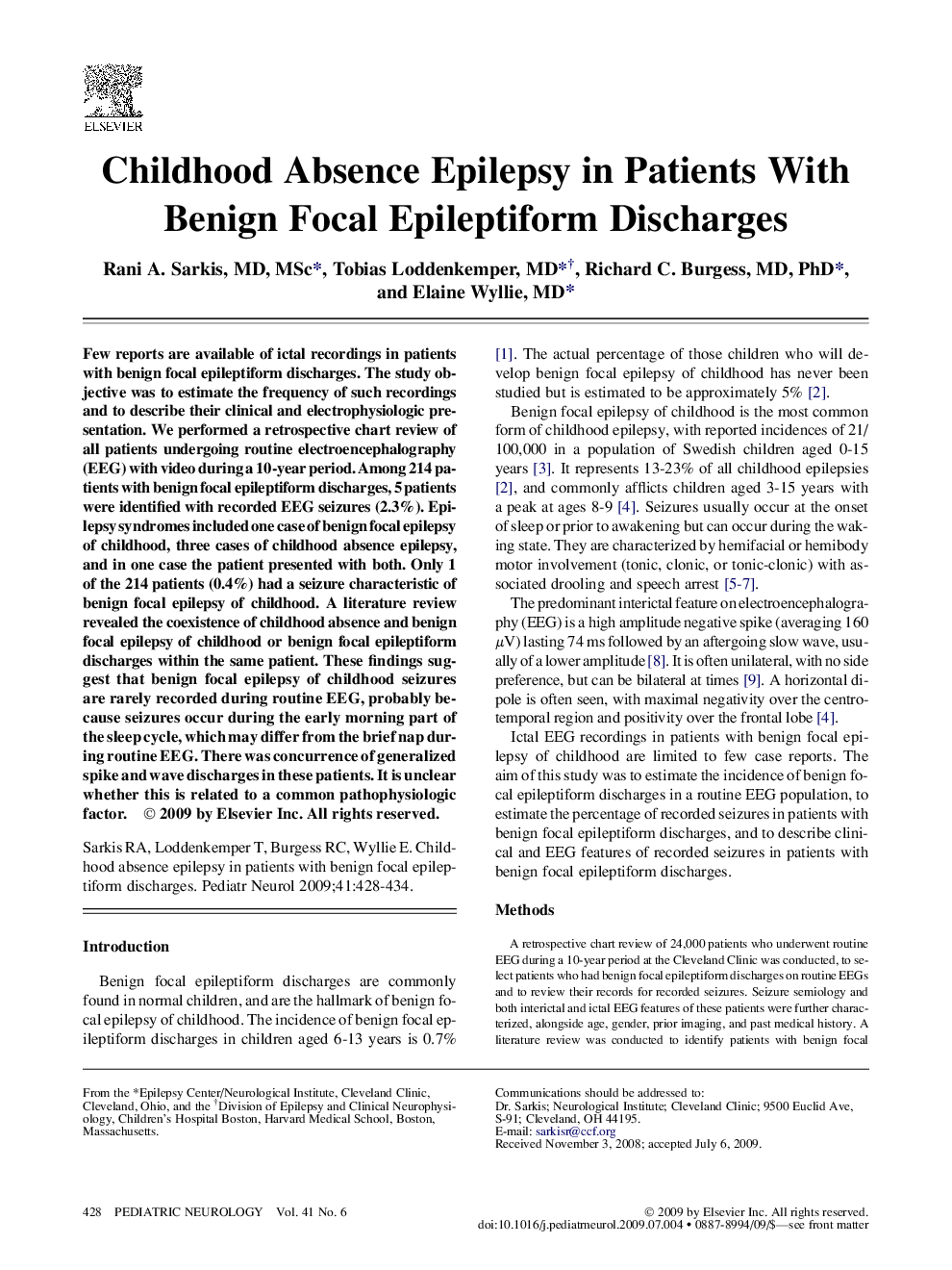 Childhood Absence Epilepsy in Patients With Benign Focal Epileptiform Discharges