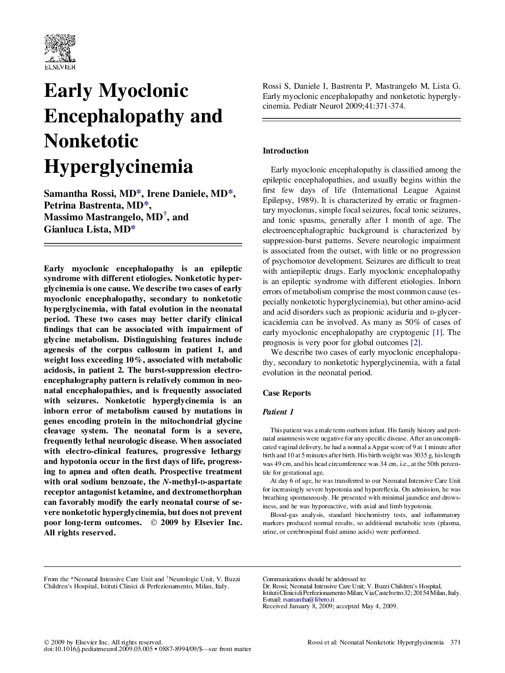 Early Myoclonic Encephalopathy and Nonketotic Hyperglycinemia