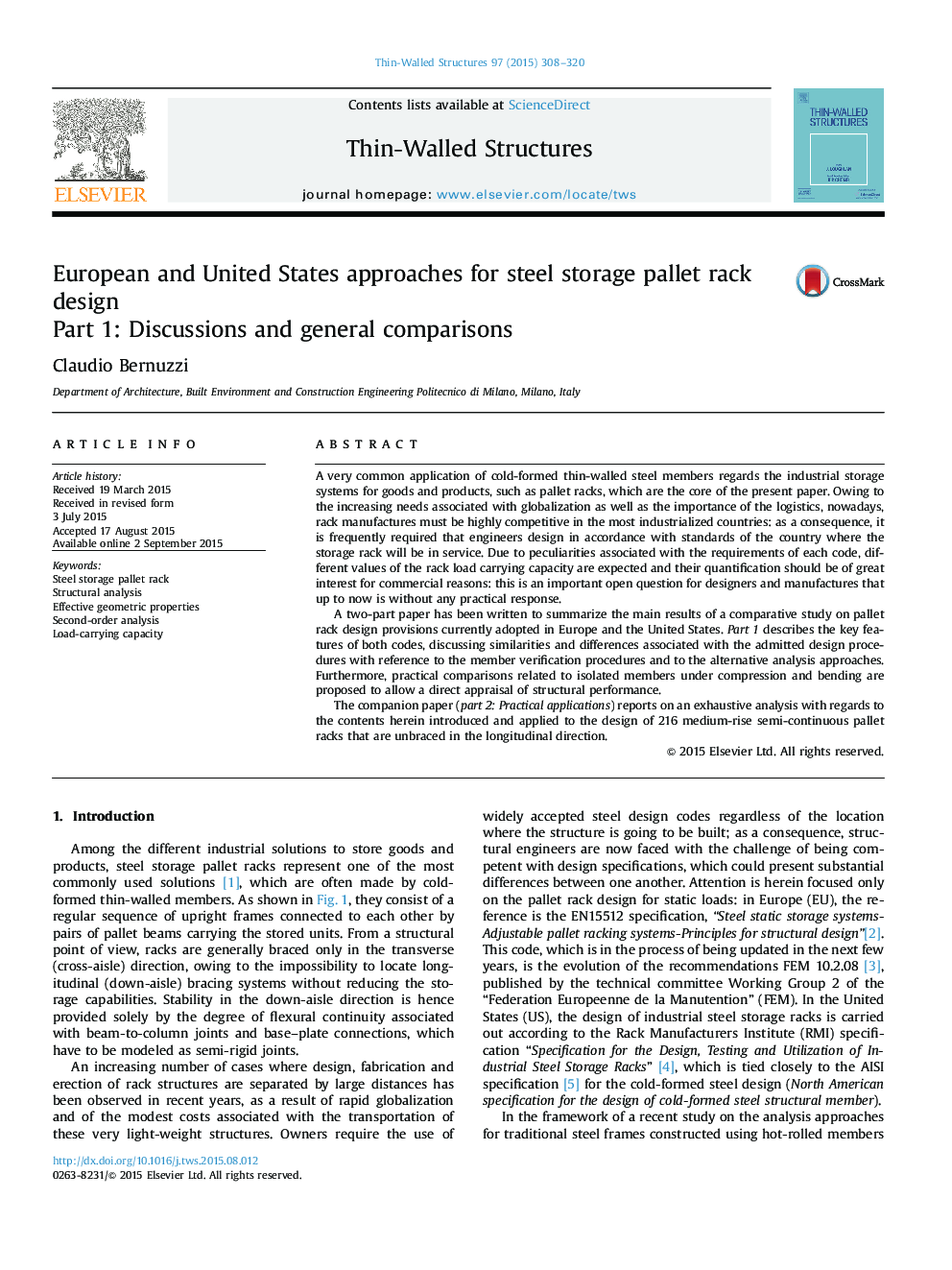 European and United States approaches for steel storage pallet rack design: Part 1: Discussions and general comparisons