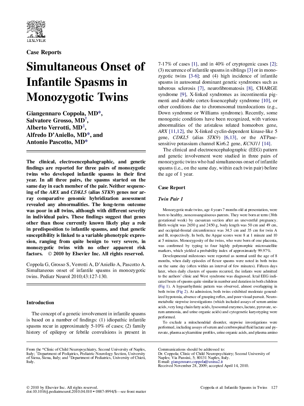 Simultaneous Onset of Infantile Spasms in Monozygotic Twins