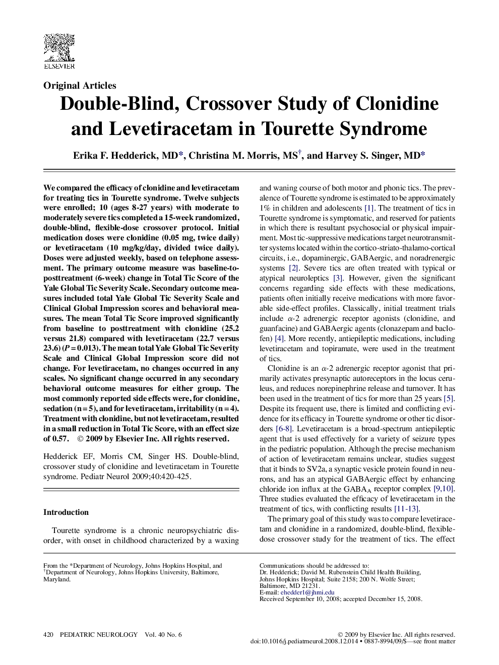 Double-Blind, Crossover Study of Clonidine and Levetiracetam in Tourette Syndrome