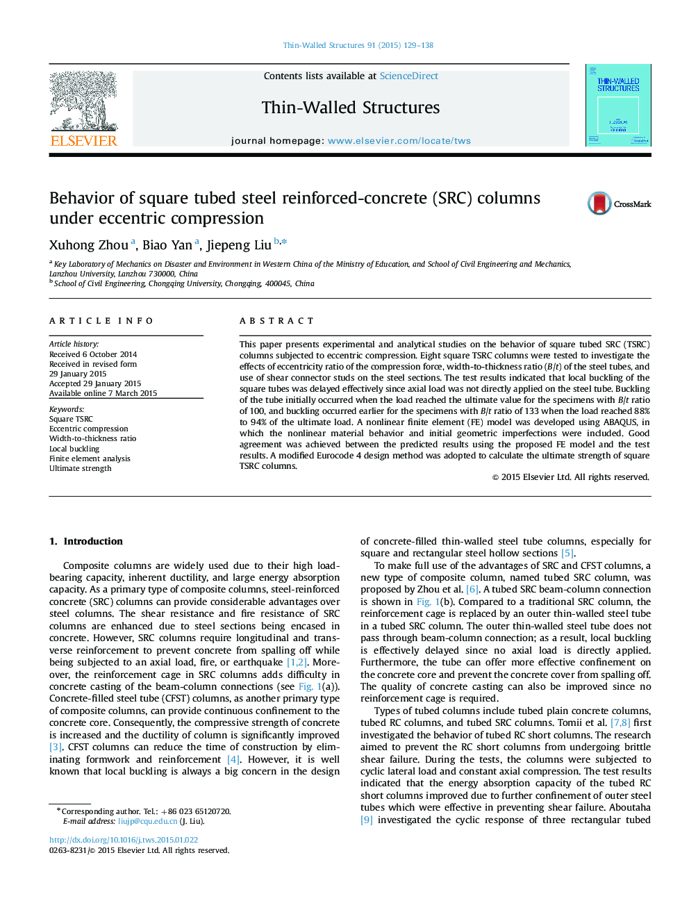 Behavior of square tubed steel reinforced-concrete (SRC) columns under eccentric compression