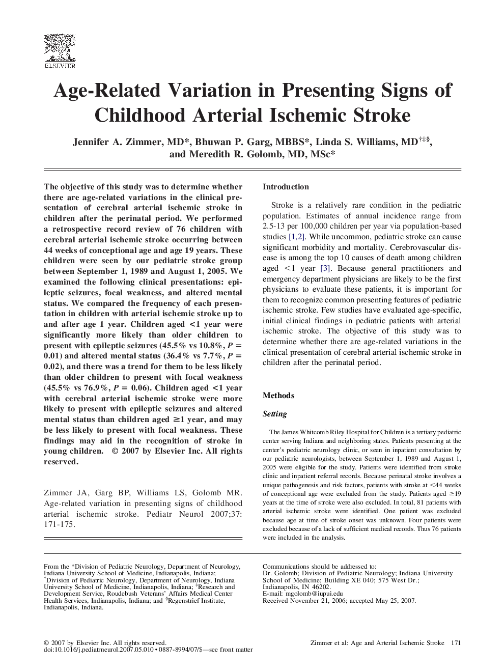 Age-Related Variation in Presenting Signs of Childhood Arterial Ischemic Stroke
