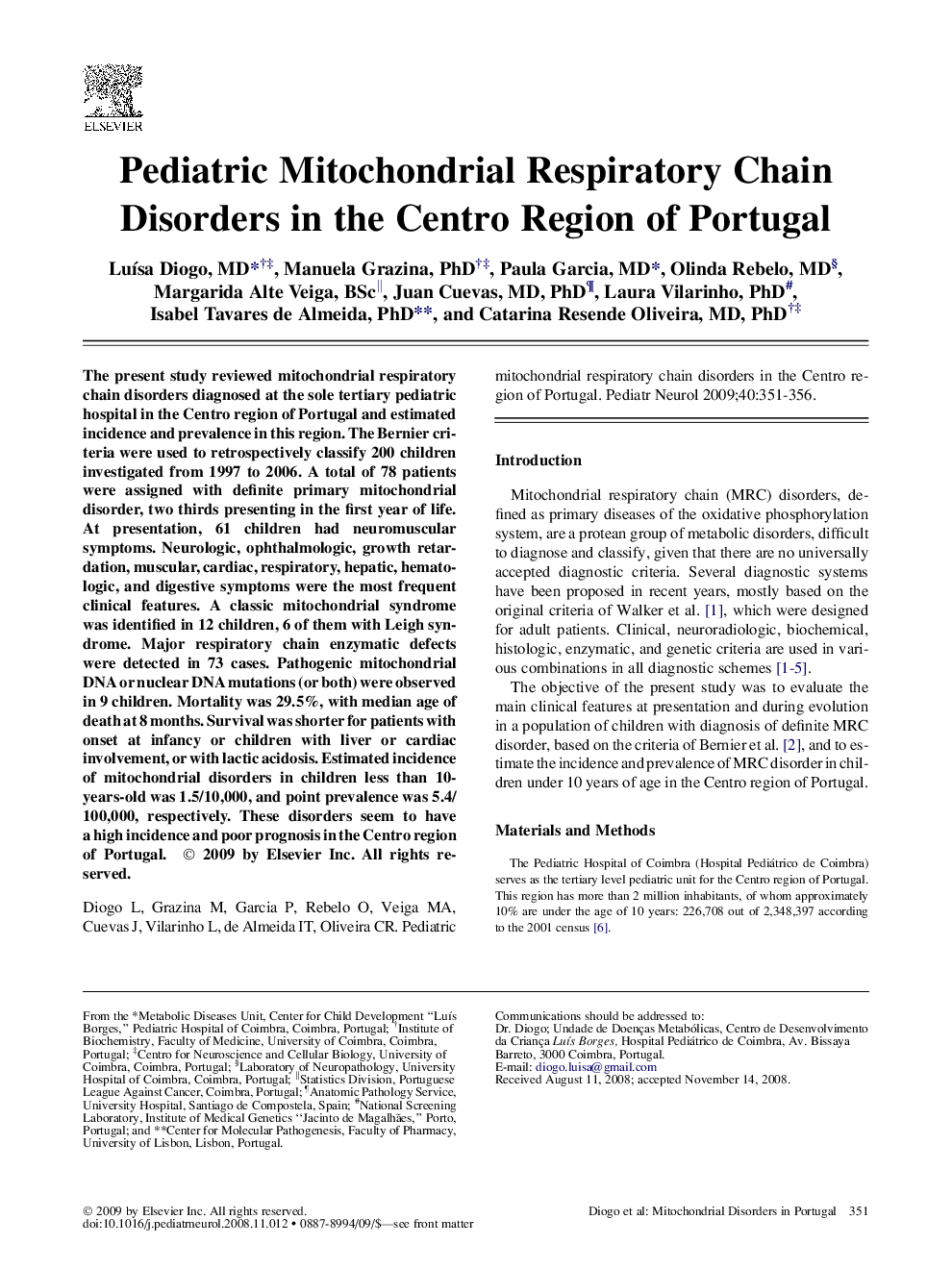 Pediatric Mitochondrial Respiratory Chain Disorders in the Centro Region of Portugal
