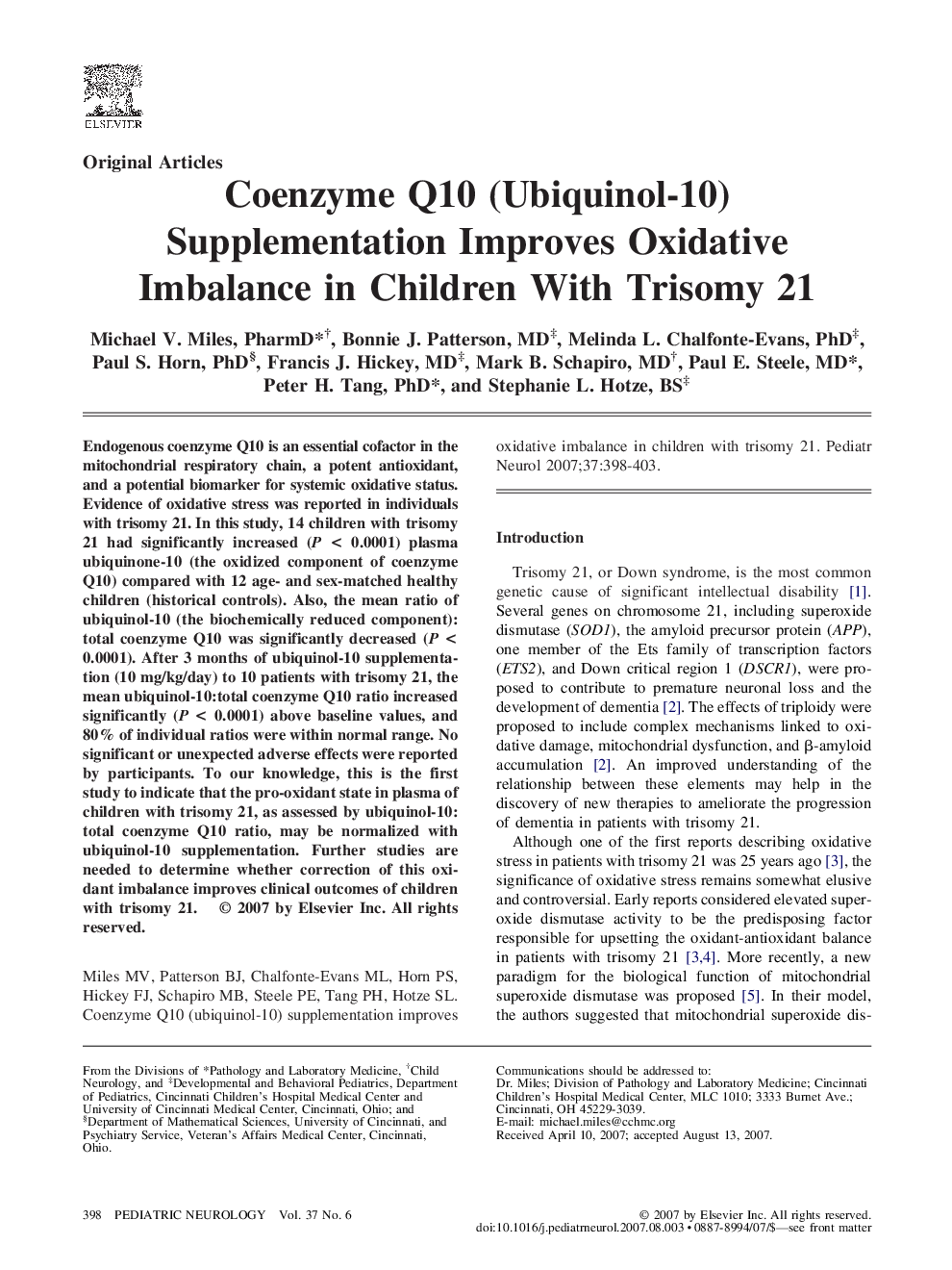 Coenzyme Q10 (Ubiquinol-10) Supplementation Improves Oxidative Imbalance in Children With Trisomy 21