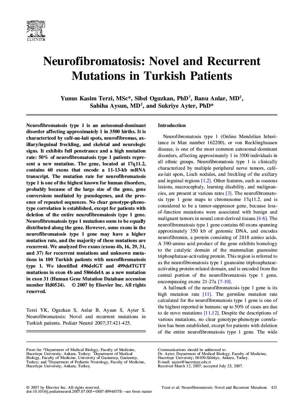 Neurofibromatosis: Novel and Recurrent Mutations in Turkish Patients