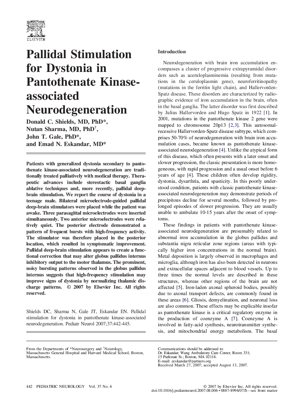 Pallidal Stimulation for Dystonia in Pantothenate Kinase-associated Neurodegeneration