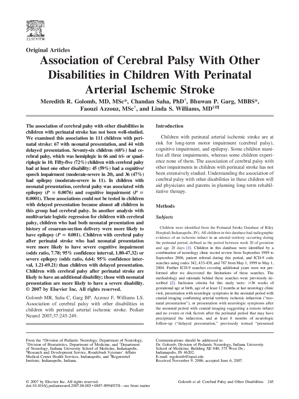 Association of Cerebral Palsy With Other Disabilities in Children With Perinatal Arterial Ischemic Stroke