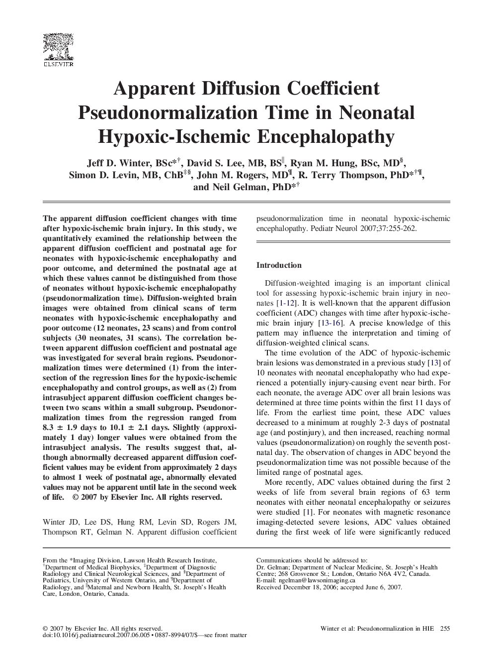 Apparent Diffusion Coefficient Pseudonormalization Time in Neonatal Hypoxic-Ischemic Encephalopathy