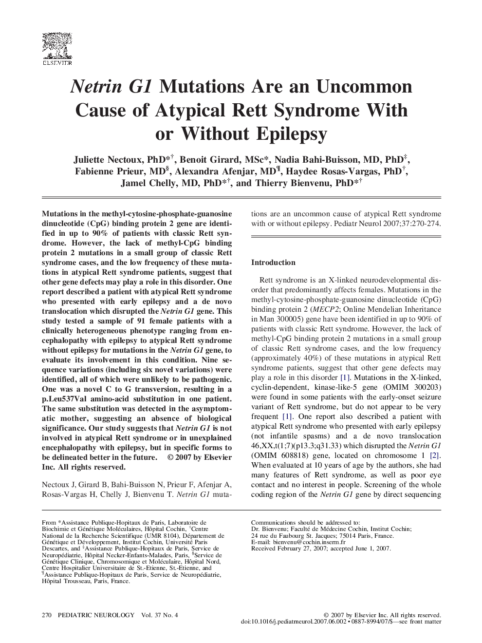 Netrin G1 Mutations Are an Uncommon Cause of Atypical Rett Syndrome With or Without Epilepsy