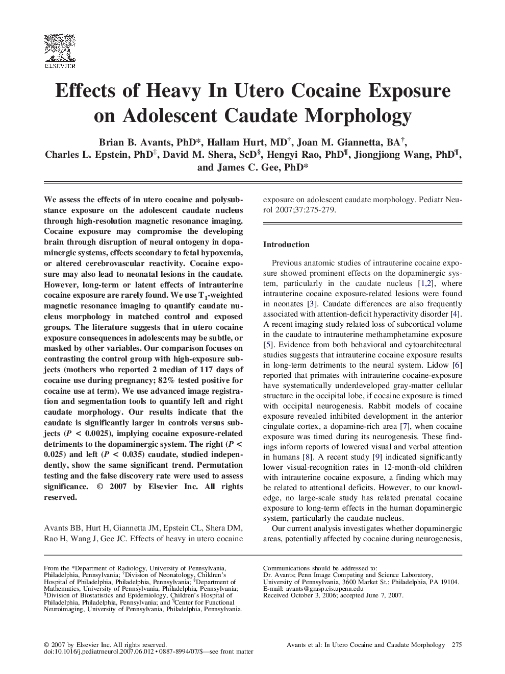 Effects of Heavy In Utero Cocaine Exposure on Adolescent Caudate Morphology