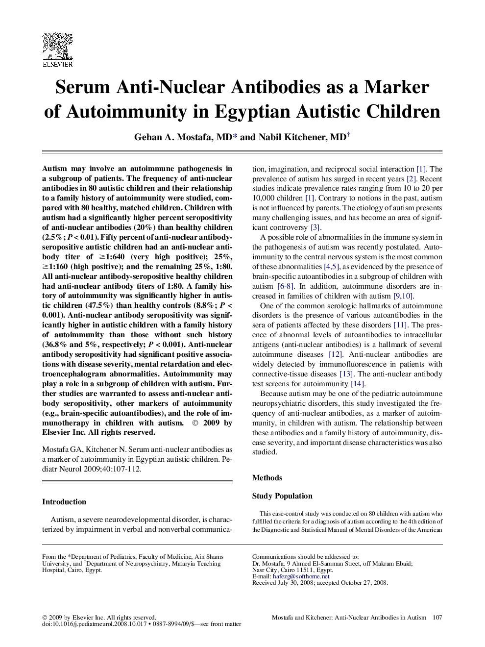 Serum Anti-Nuclear Antibodies as a Marker of Autoimmunity in Egyptian Autistic Children