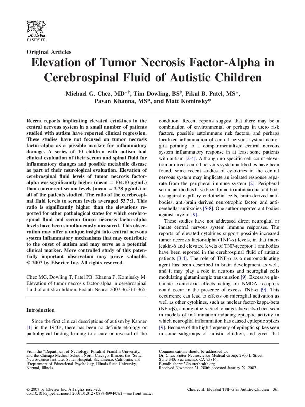 Elevation of Tumor Necrosis Factor-Alpha in Cerebrospinal Fluid of Autistic Children