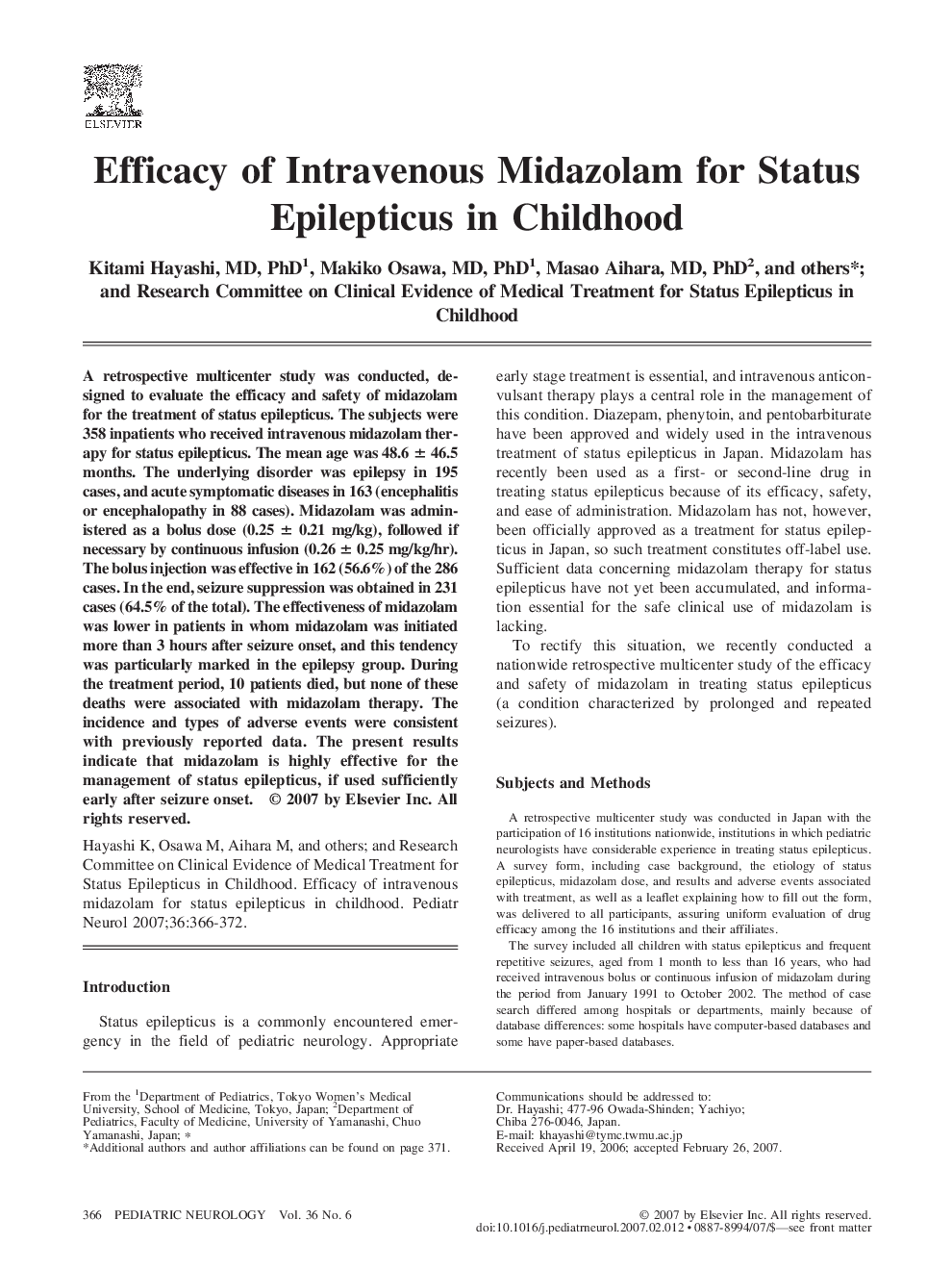 Efficacy of Intravenous Midazolam for Status Epilepticus in Childhood ⁎