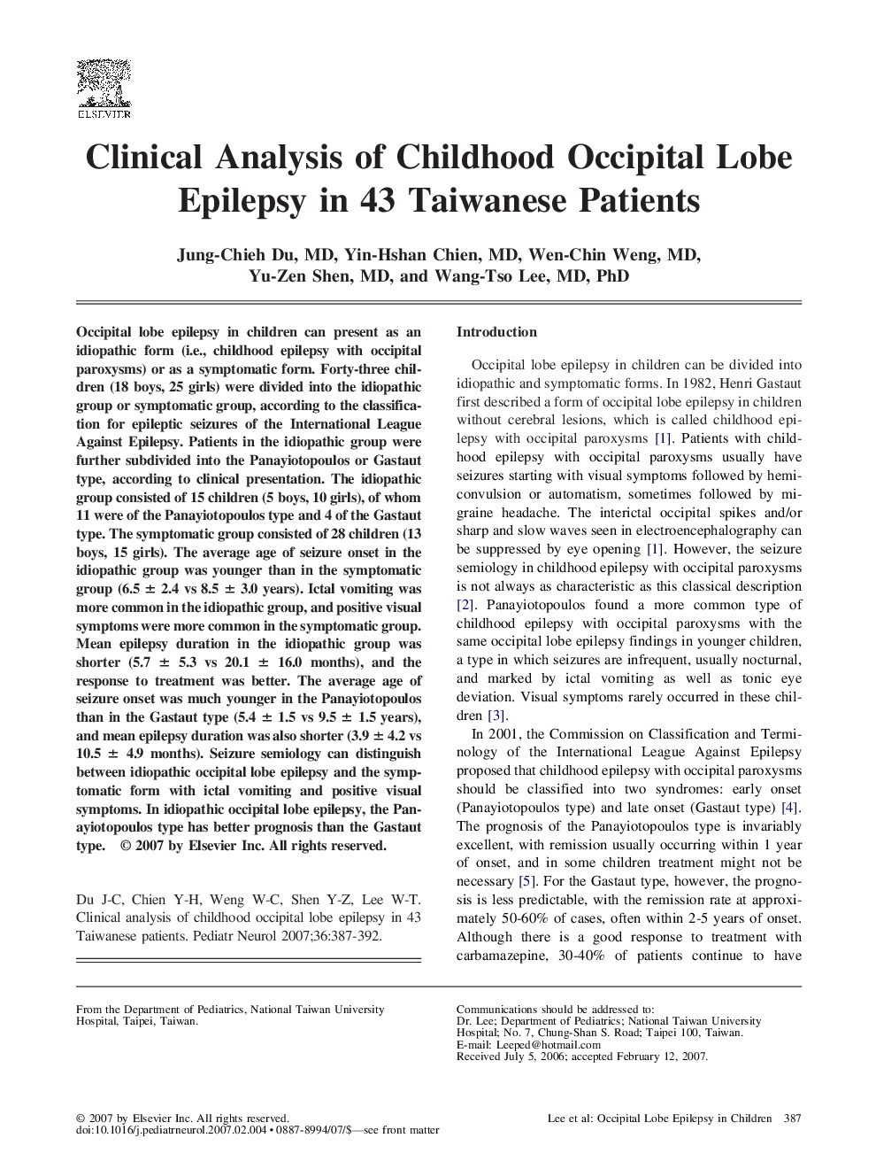 Clinical Analysis of Childhood Occipital Lobe Epilepsy in 43 Taiwanese Patients