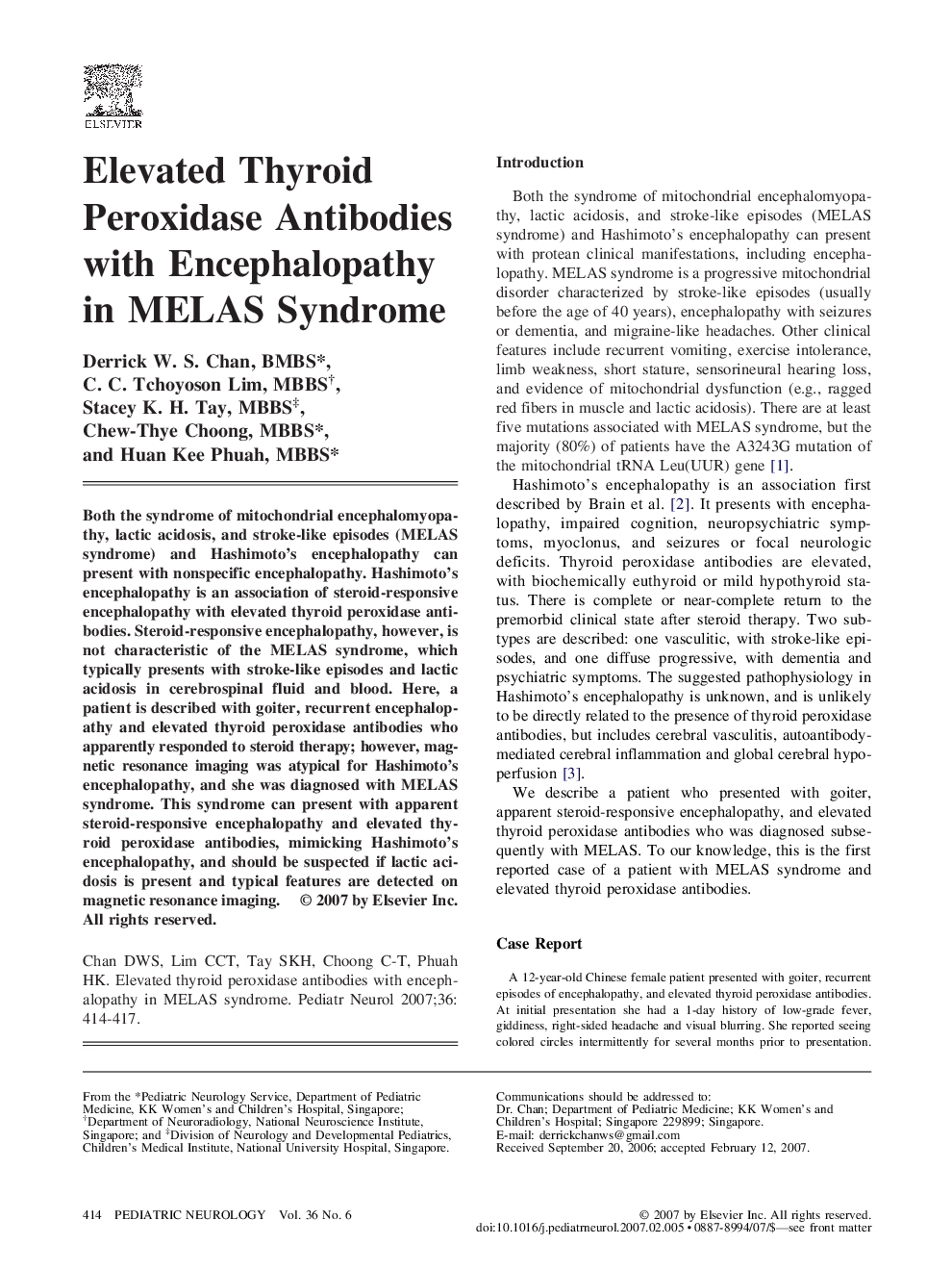 Elevated Thyroid Peroxidase Antibodies with Encephalopathy in MELAS Syndrome