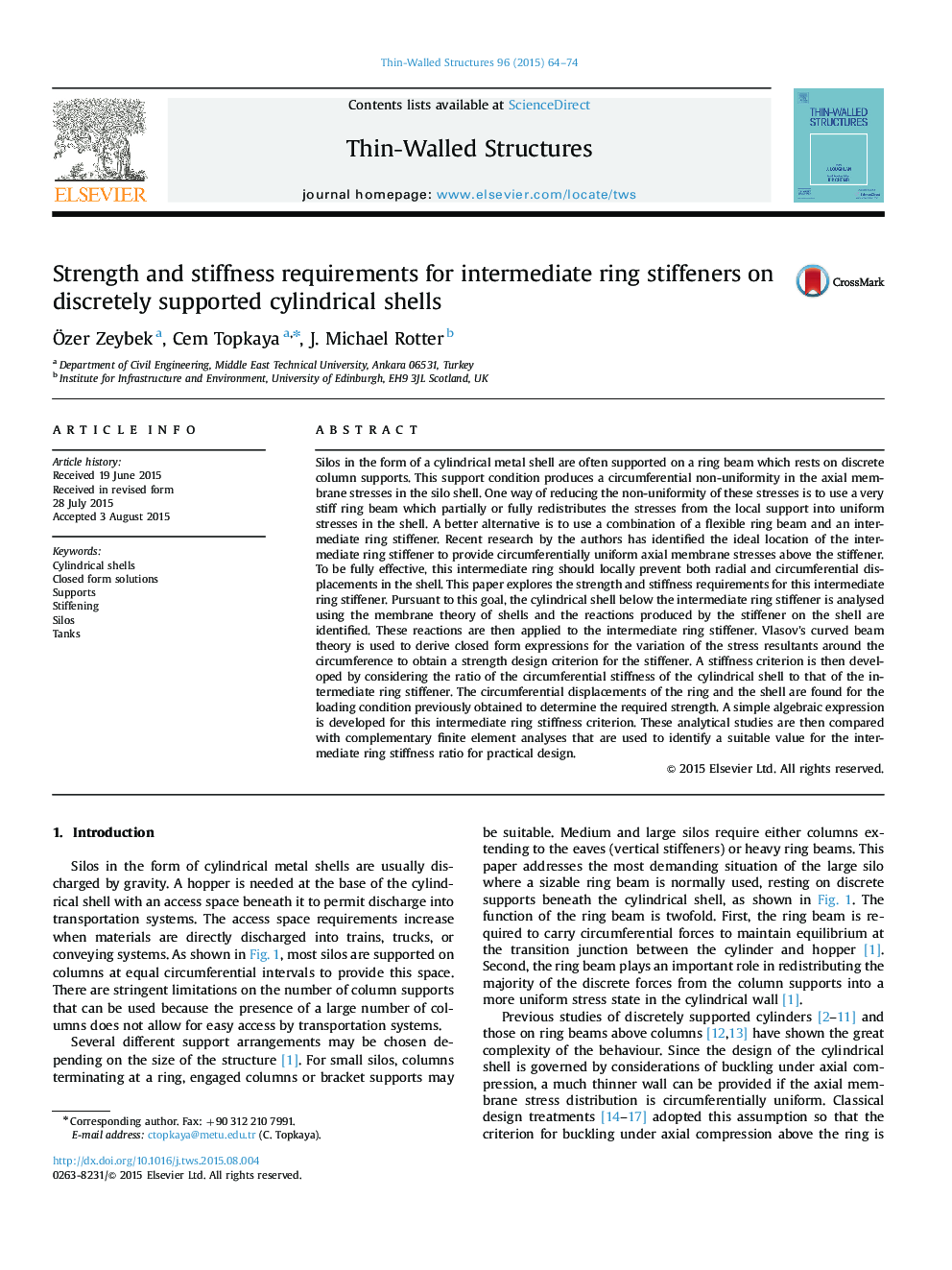 Strength and stiffness requirements for intermediate ring stiffeners on discretely supported cylindrical shells