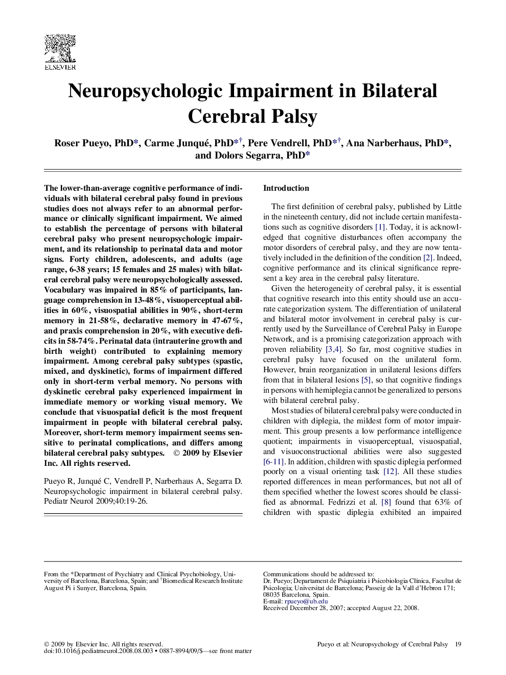 Neuropsychologic Impairment in Bilateral Cerebral Palsy