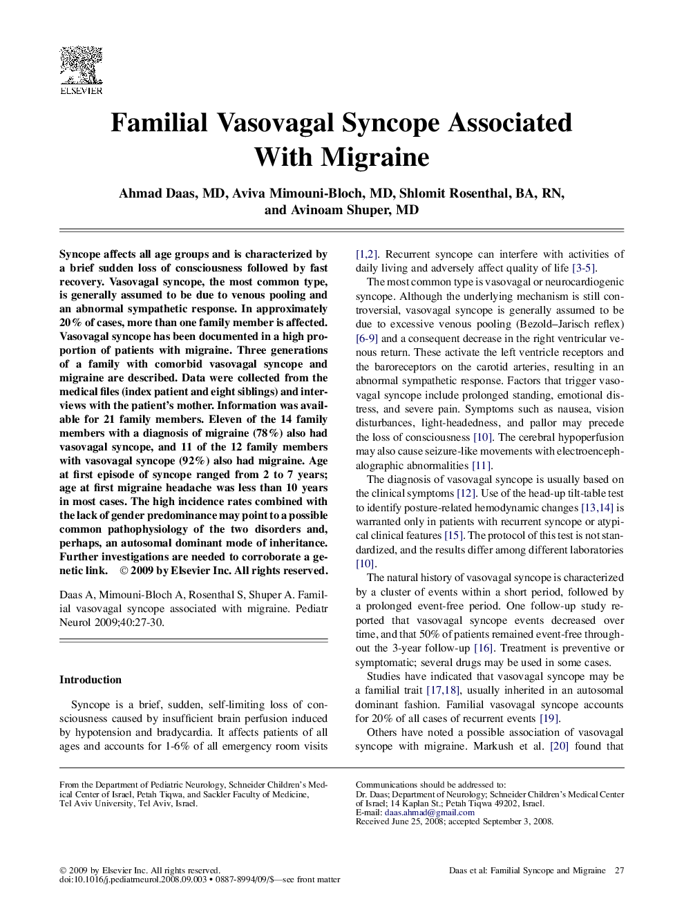 Familial Vasovagal Syncope Associated With Migraine