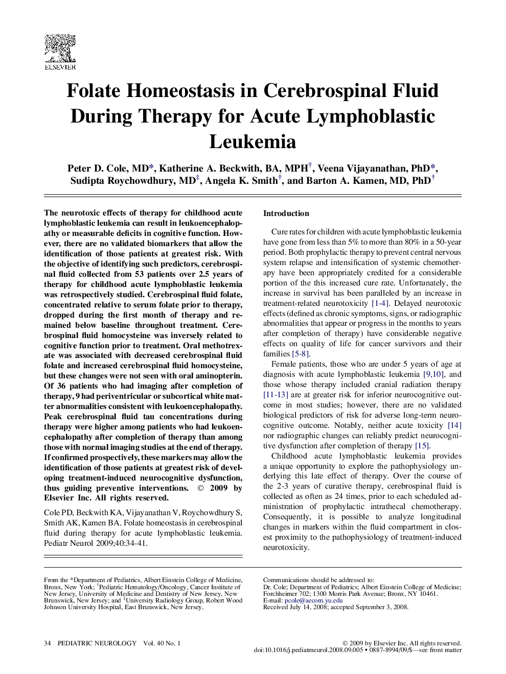 Folate Homeostasis in Cerebrospinal Fluid During Therapy for Acute Lymphoblastic Leukemia