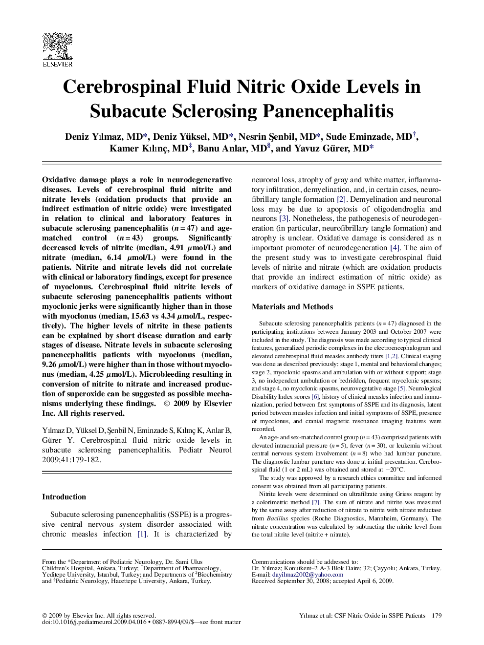 Cerebrospinal Fluid Nitric Oxide Levels in Subacute Sclerosing Panencephalitis