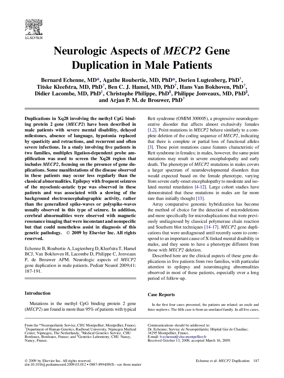 Neurologic Aspects of MECP2 Gene Duplication in Male Patients