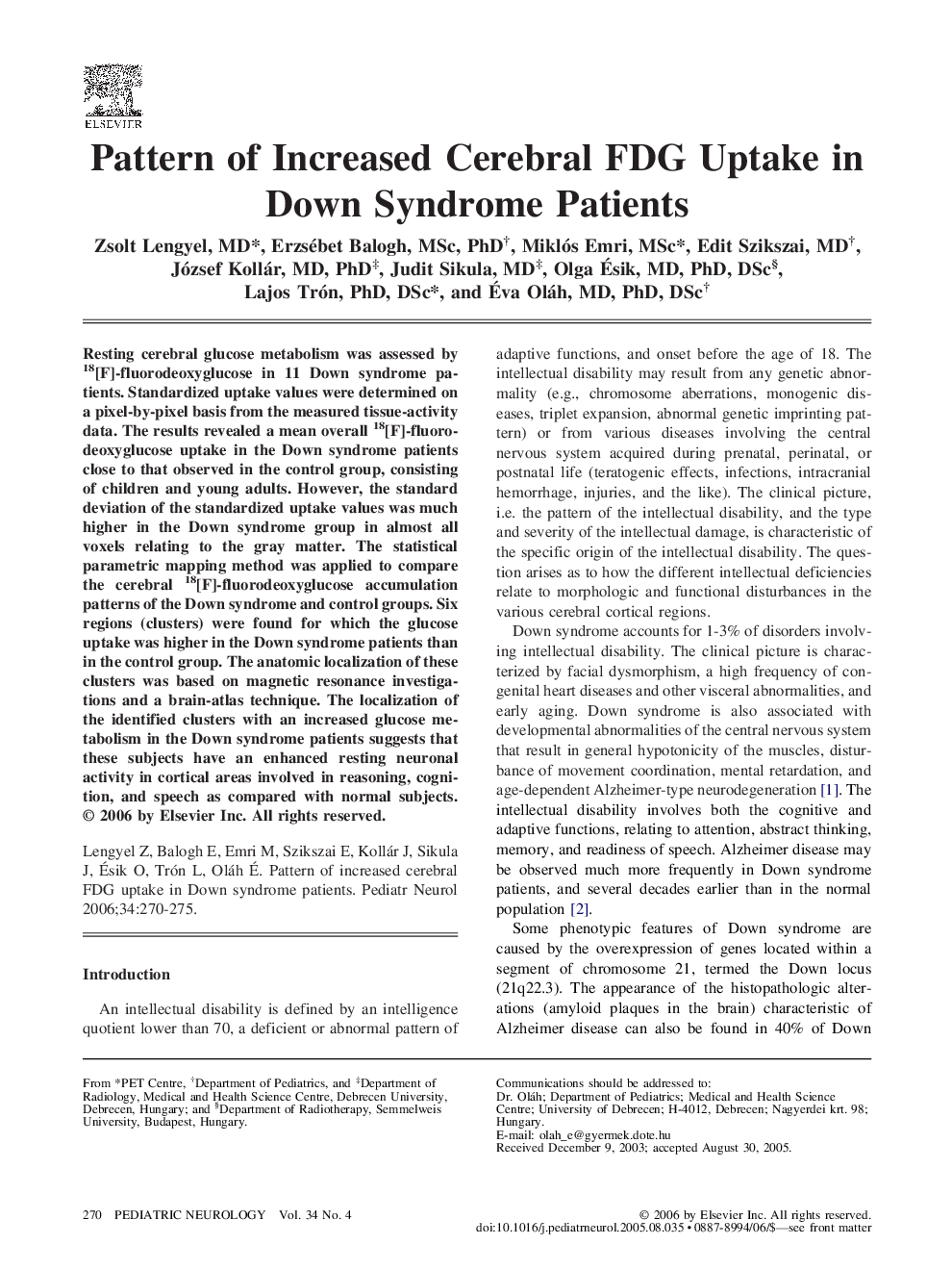 Pattern of Increased Cerebral FDG Uptake in Down Syndrome Patients