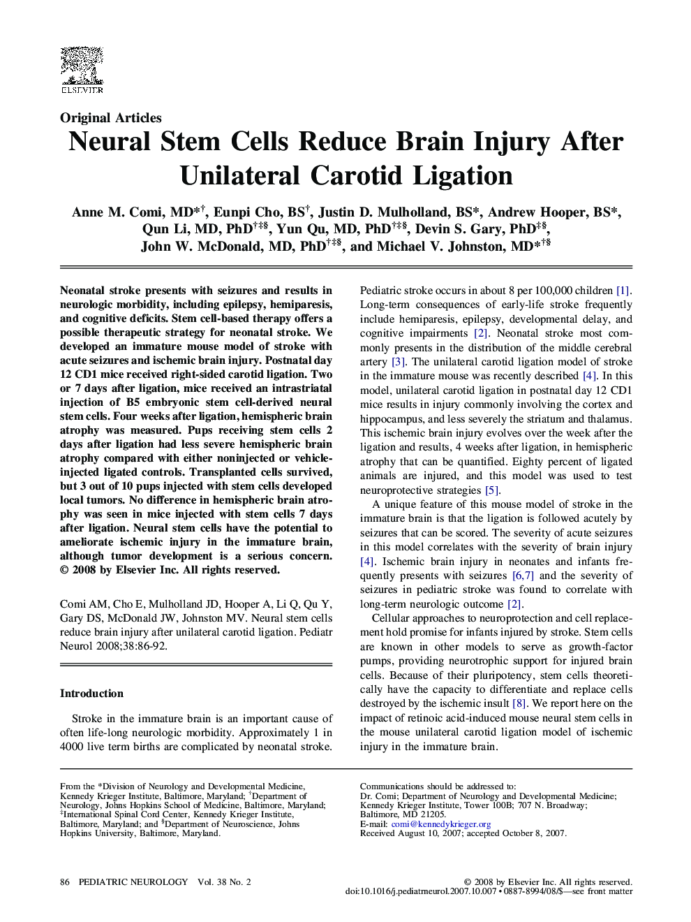 Neural Stem Cells Reduce Brain Injury After Unilateral Carotid Ligation