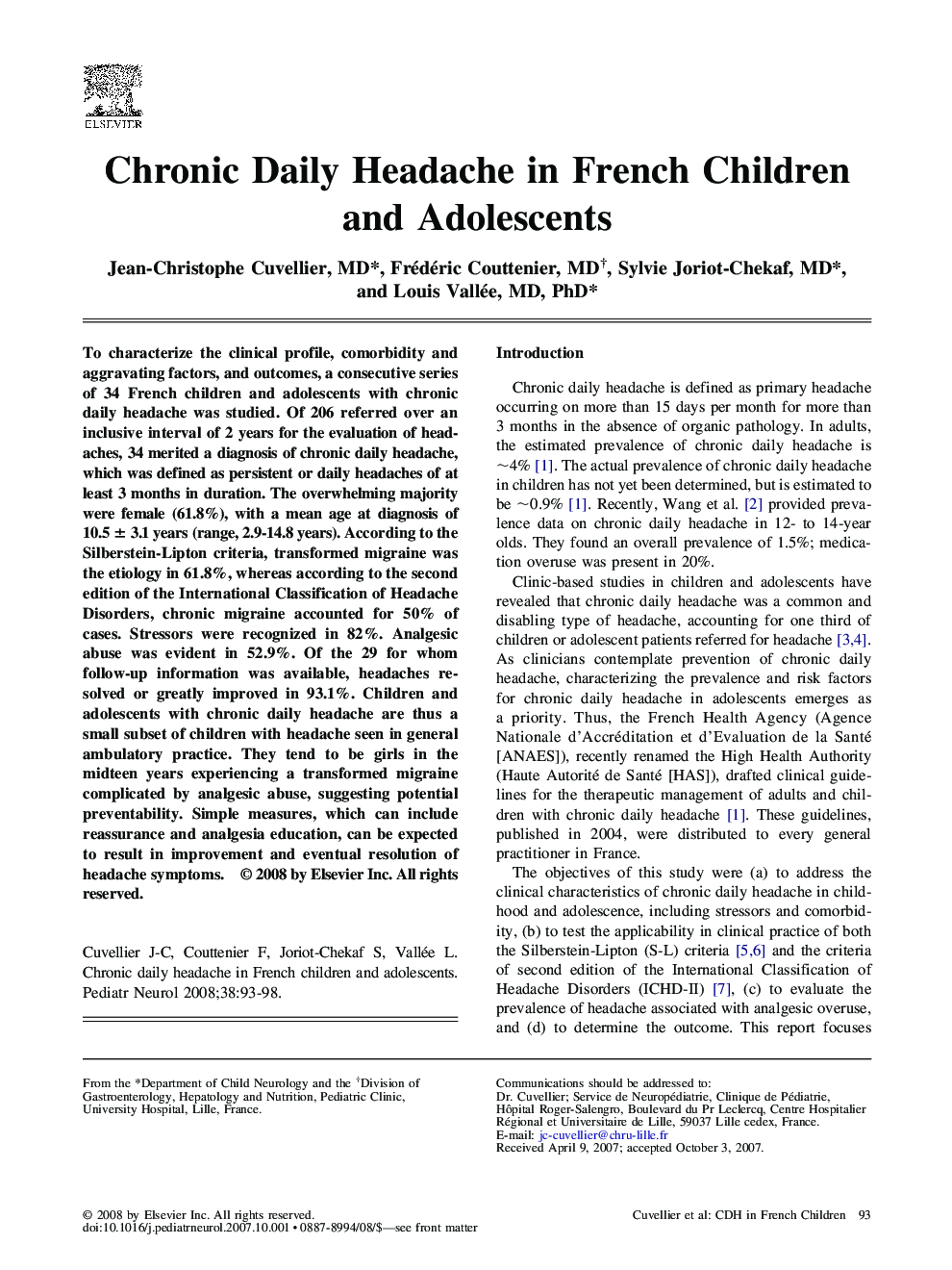 Chronic Daily Headache in French Children and Adolescents
