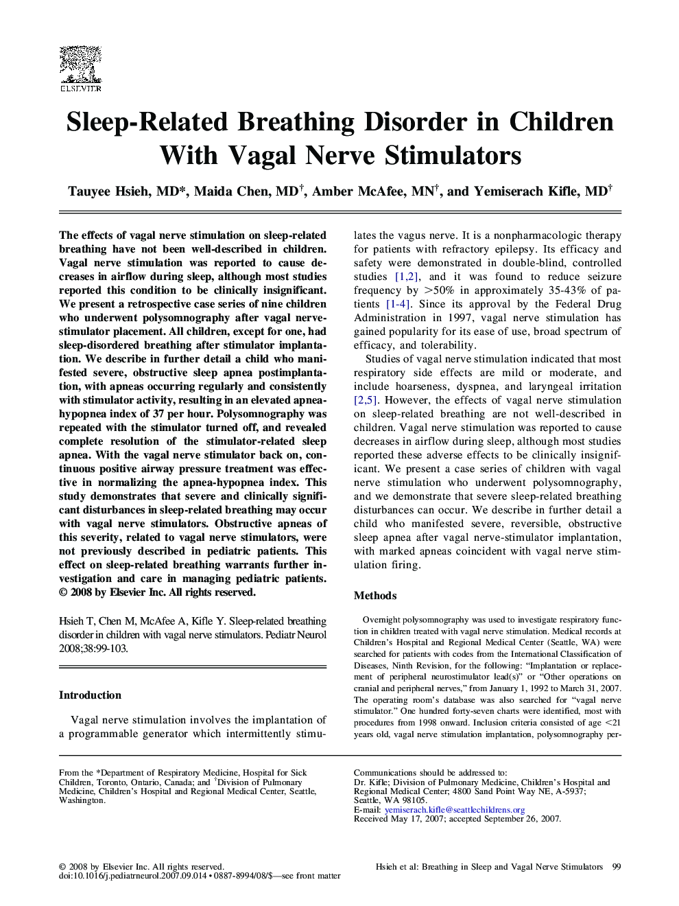 Sleep-Related Breathing Disorder in Children With Vagal Nerve Stimulators