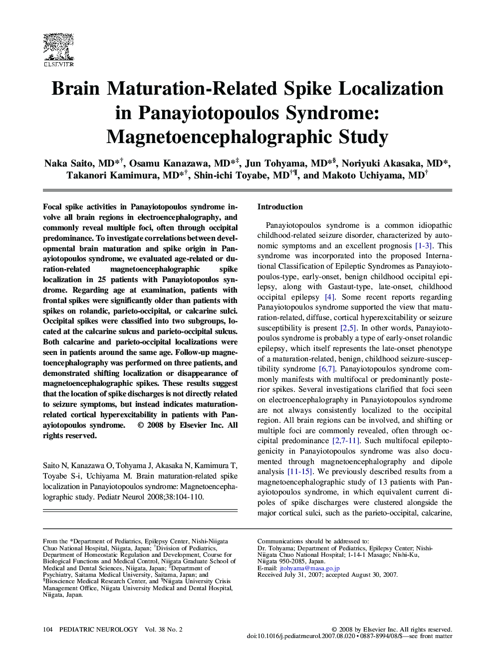 Brain Maturation-Related Spike Localization in Panayiotopoulos Syndrome: Magnetoencephalographic Study