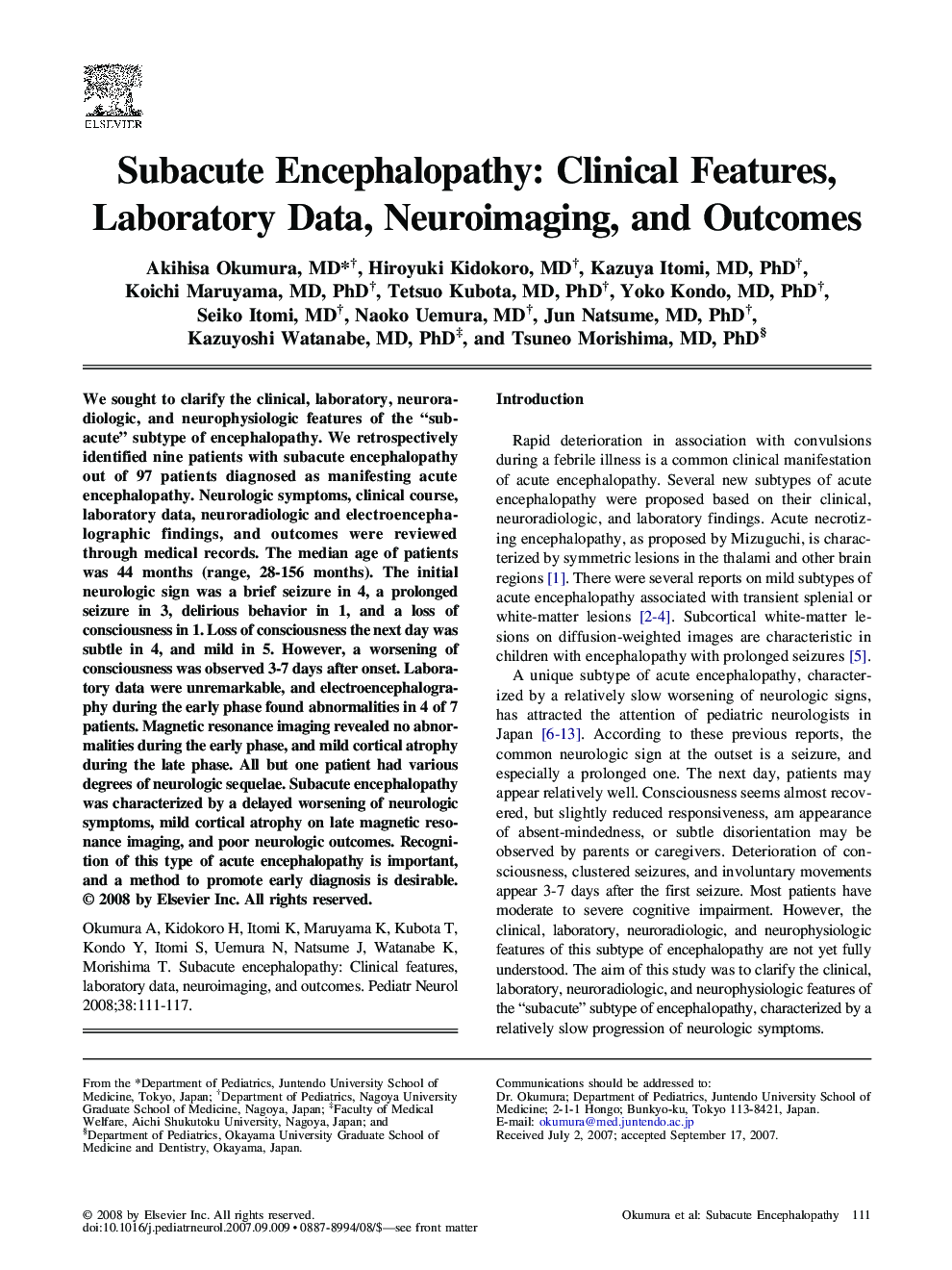 Subacute Encephalopathy: Clinical Features, Laboratory Data, Neuroimaging, and Outcomes