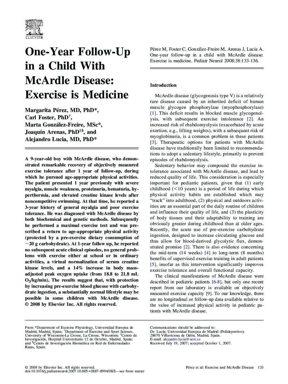 One-Year Follow-Up in a Child With McArdle Disease: Exercise is Medicine