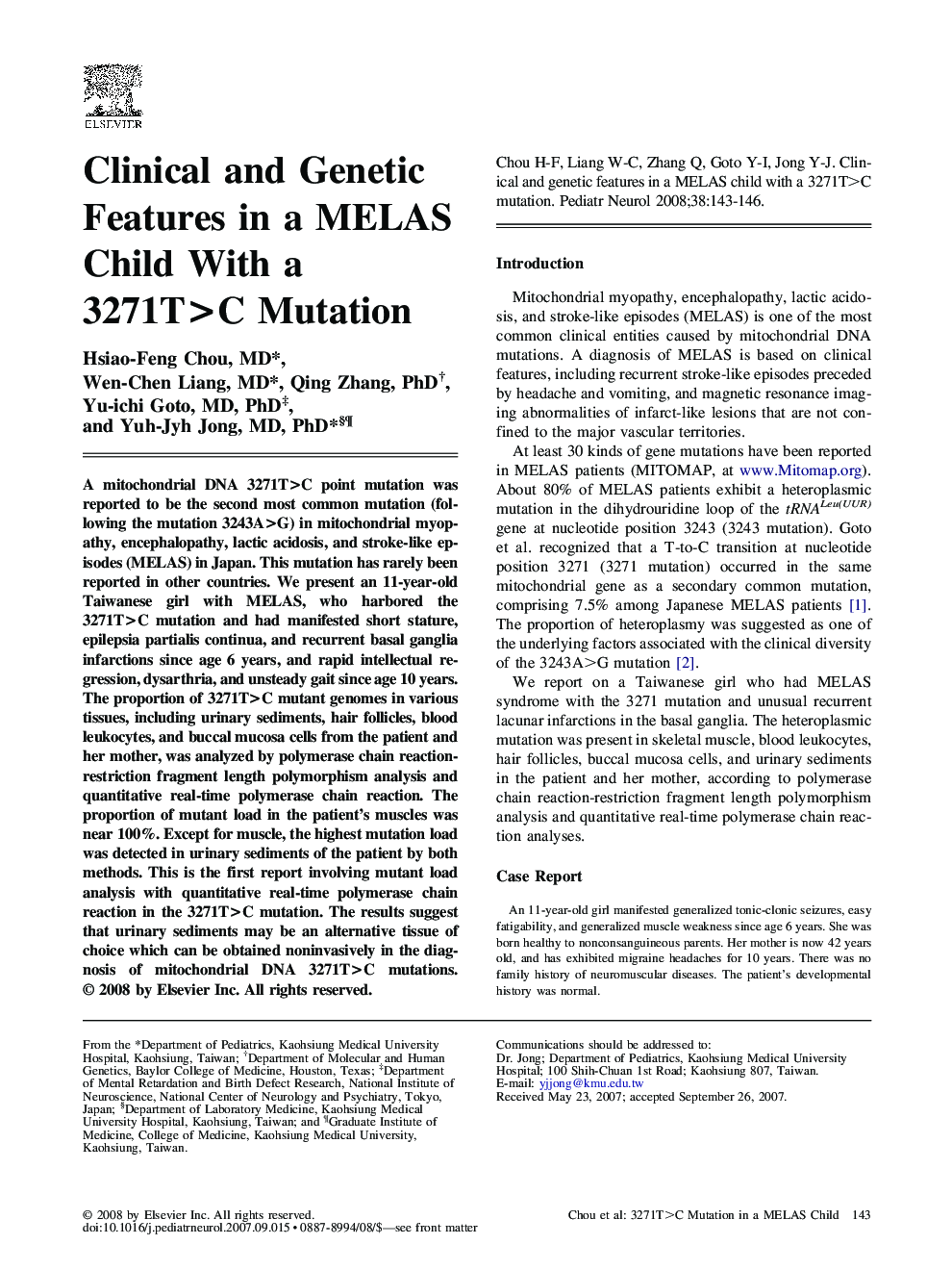 Clinical and Genetic Features in a MELAS Child With a 3271T>C Mutation