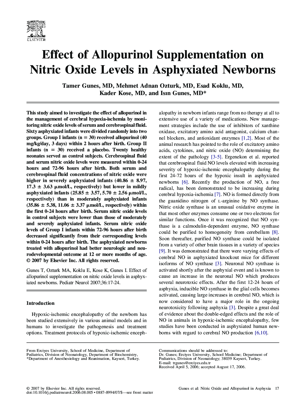 Effect of Allopurinol Supplementation on Nitric Oxide Levels in Asphyxiated Newborns