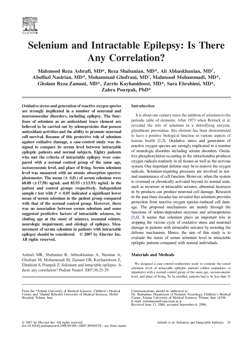 Selenium and Intractable Epilepsy: Is There Any Correlation?