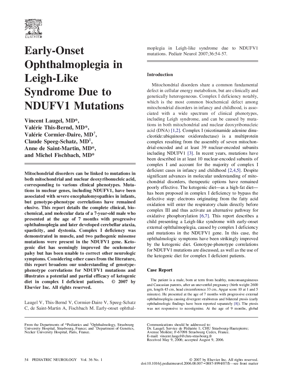 Early-Onset Ophthalmoplegia in Leigh-Like Syndrome Due to NDUFV1 Mutations