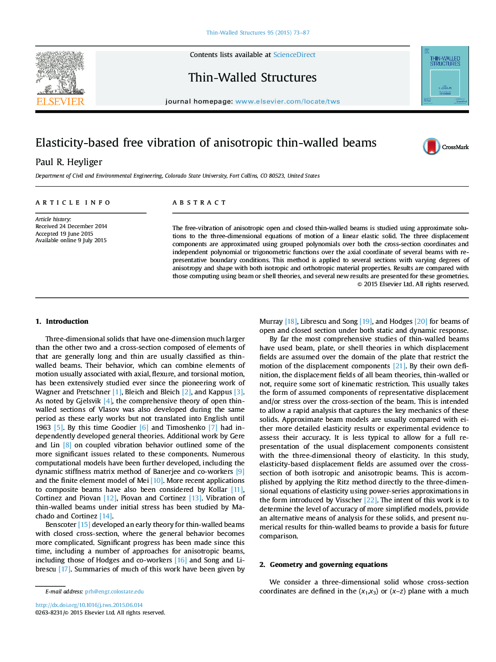 Elasticity-based free vibration of anisotropic thin-walled beams